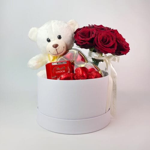Caixa Box Rosas Importadas, Chocolates e Pelúcia - Jasmine