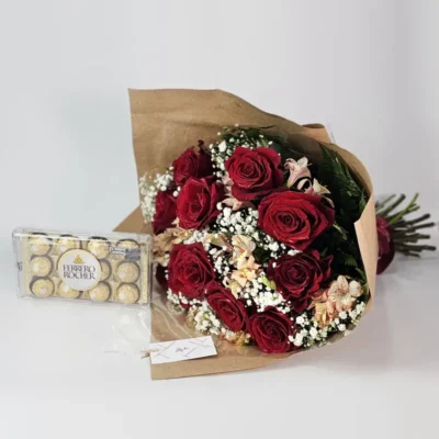 Buquê 12 Rosas Importadas e Chocolate