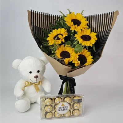 Buquê 5 Girassóis Com Chocolate e Pelúcia