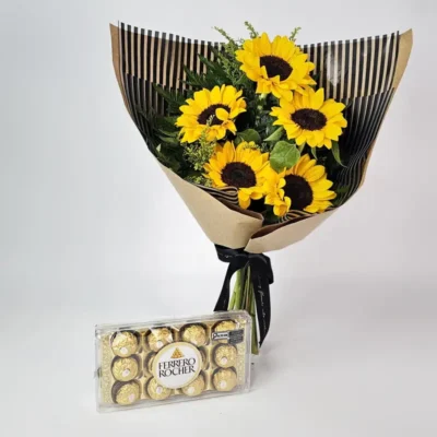 Buquê 5 Girassóis Com Chocolate