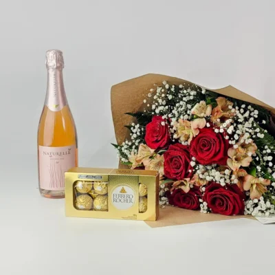 Buquê 6 Rosas Importadas Com Chocolate e Espumante