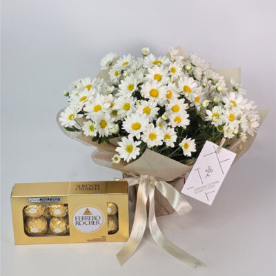 Flor Margarida Branca Embalada Presente Com Chocolate