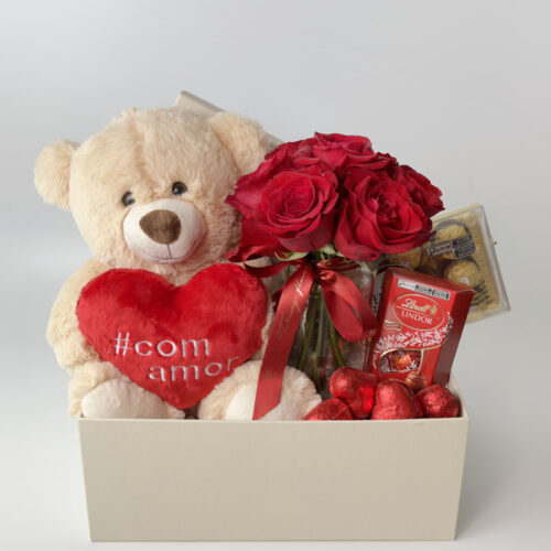 Caixa Com Pelúcias, Rosas e Chocolate - Romance